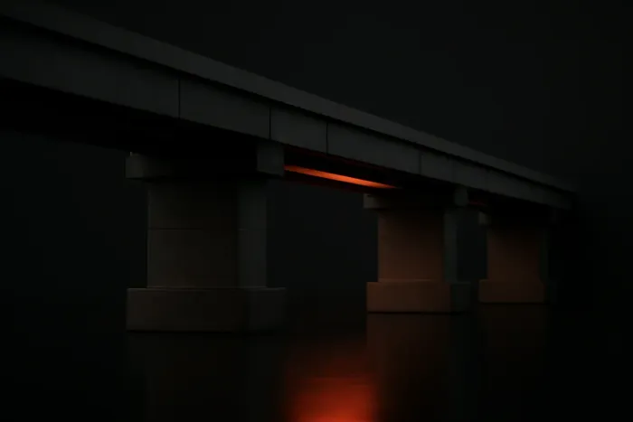 An abstract composition evoking Porto's riverside span structures in warm dark and ember tones